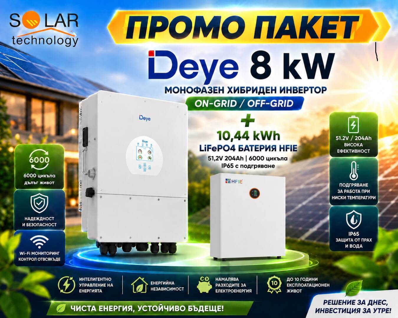 Промо пакет: Хибриден монофазен инвертор Deye 8 kW On-Grid, Off-Grid и 10,44 kWh LiFePO4 батерия 51,2V 204 Ah 6000 цикъла IP65 с подгряване.